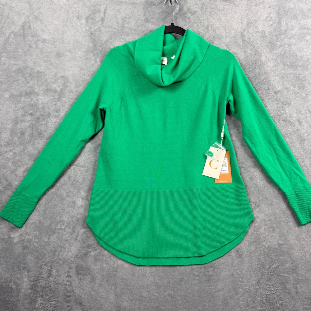 Cyrus Womens S Green Turtleneck Sweater Cowl Neck Ribbed Hem Quiet Luxury NWT